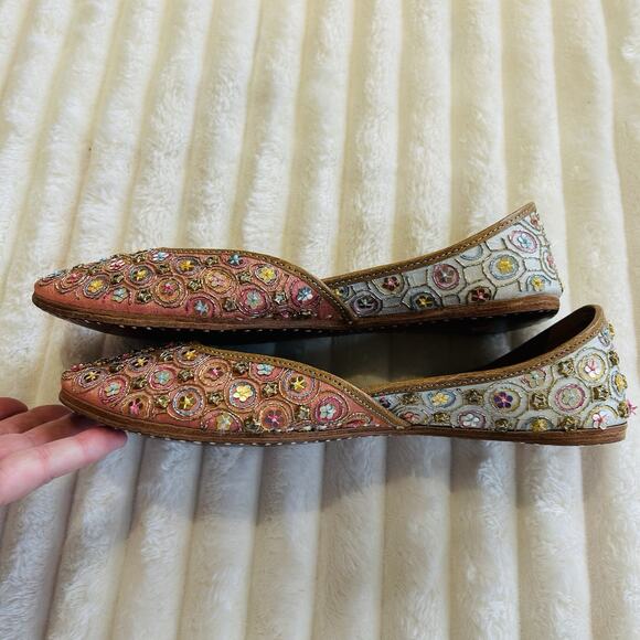 Indian Jutti Women Flat Pink Blue Gold Embroidered Khussa Beaded Fizzy Goblet - Picture 5 of 9